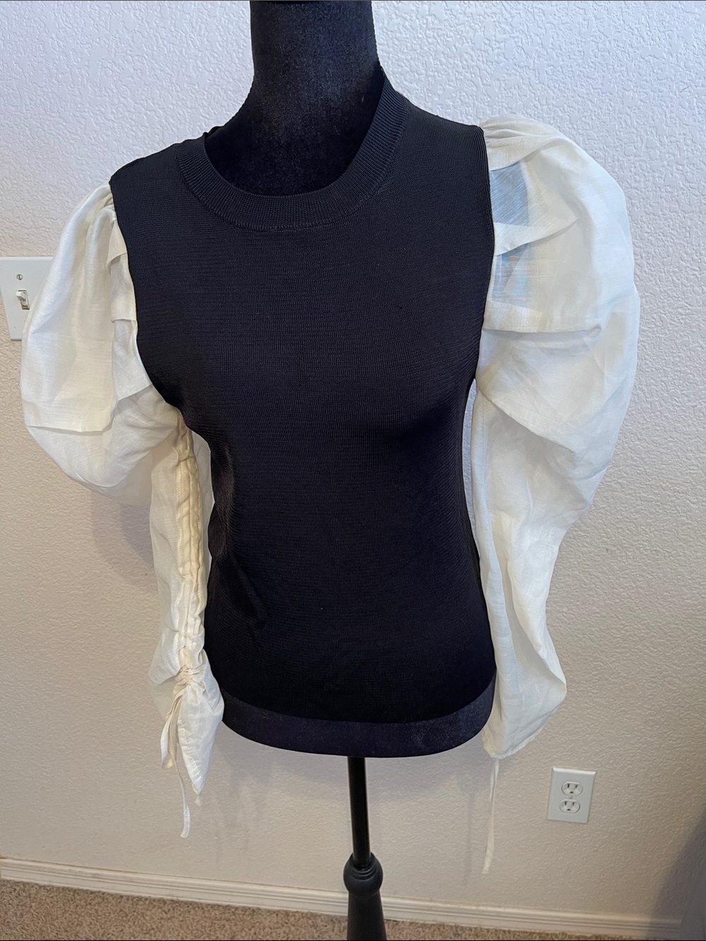 Zara Black Knit Tank with White Puffy Organza Sleeves